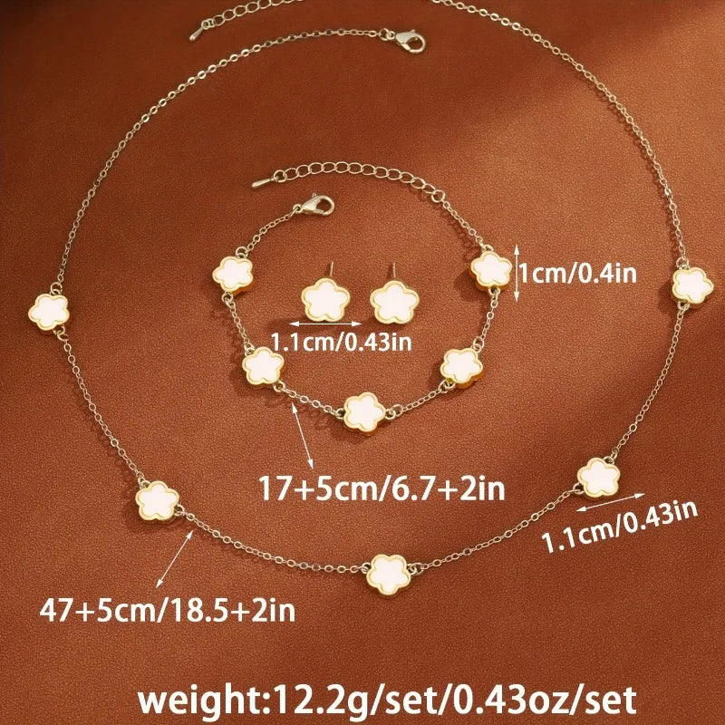 3Pcs/Set Lucky Five-Petal Flower Necklace Bracelet Earrings Set for Women Elegant Clover Fashion Party Jewelry Gifts Accessories