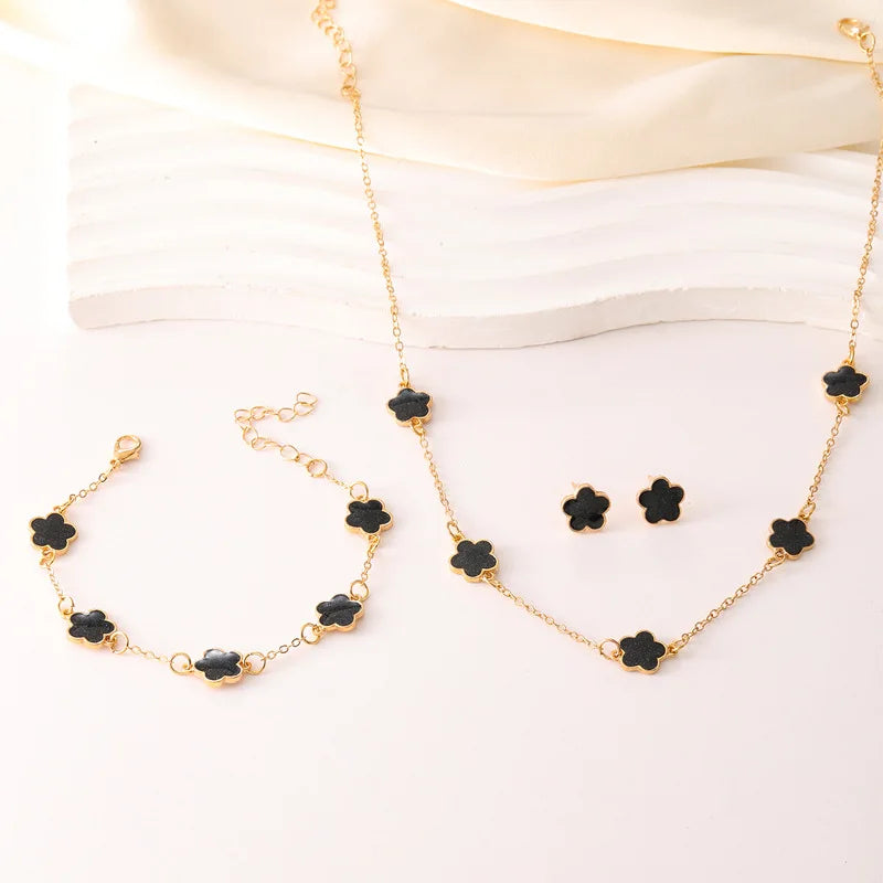 3Pcs/Set Lucky Five-Petal Flower Necklace Bracelet Earrings Set for Women Elegant Clover Fashion Party Jewelry Gifts Accessories