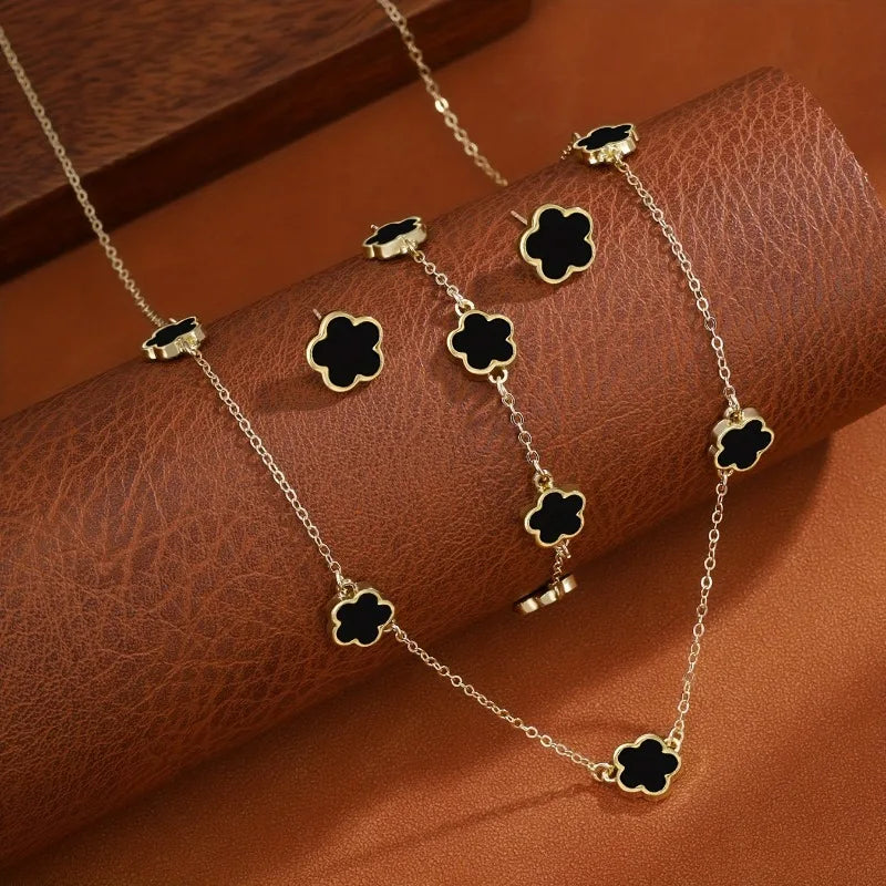 3Pcs/Set Lucky Five-Petal Flower Necklace Bracelet Earrings Set for Women Elegant Clover Fashion Party Jewelry Gifts Accessories