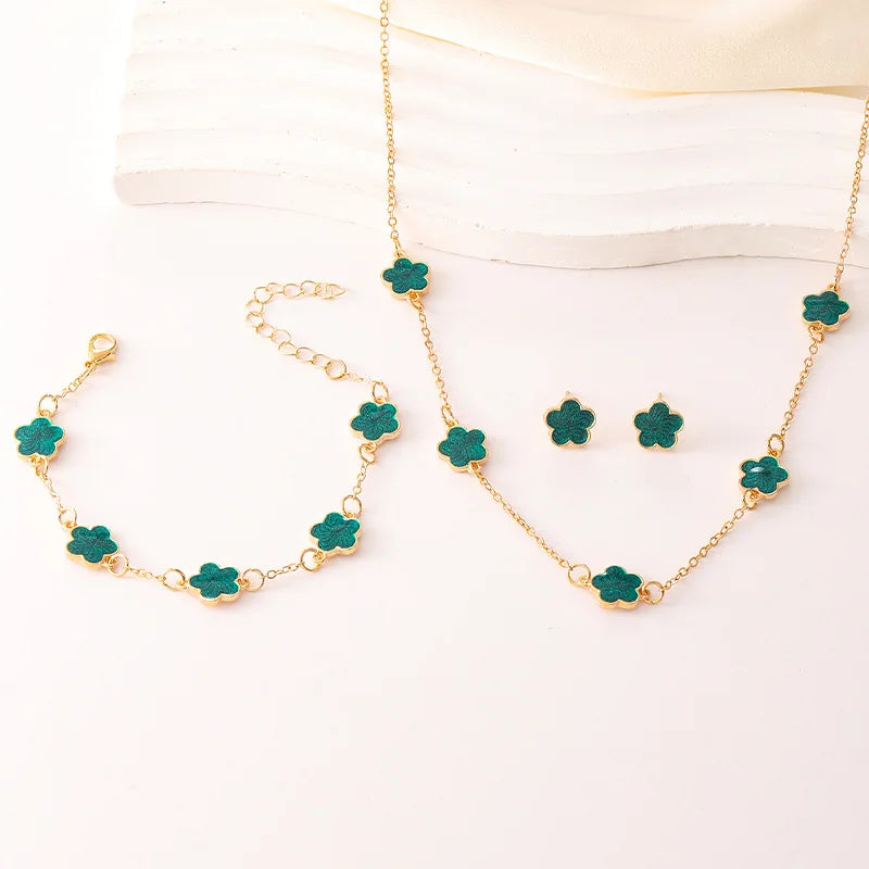 3Pcs/Set Lucky Five-Petal Flower Necklace Bracelet Earrings Set for Women Elegant Clover Fashion Party Jewelry Gifts Accessories
