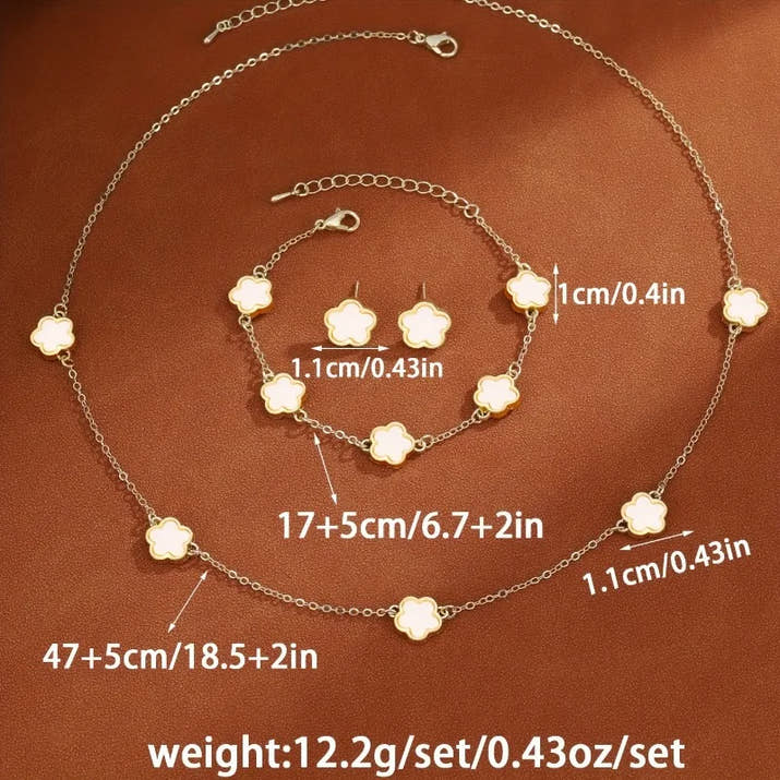 3Pcs/Set Lucky Five-Petal Flower Necklace Bracelet Earrings Set for Women Elegant Clover Fashion Party Jewelry Gifts Accessories