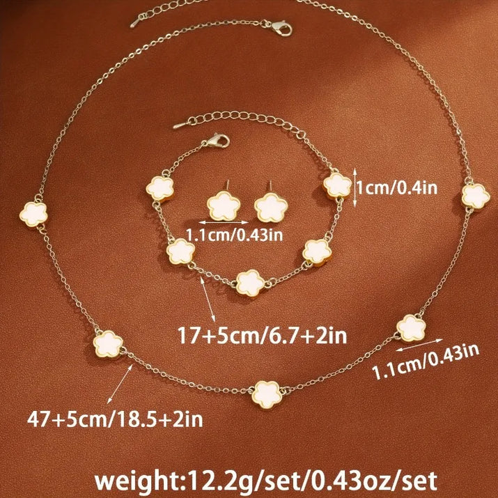 3Pcs/Set Lucky Five-Petal Flower Necklace Bracelet Earrings Set for Women Elegant Clover Fashion Party Jewelry Gifts Accessories