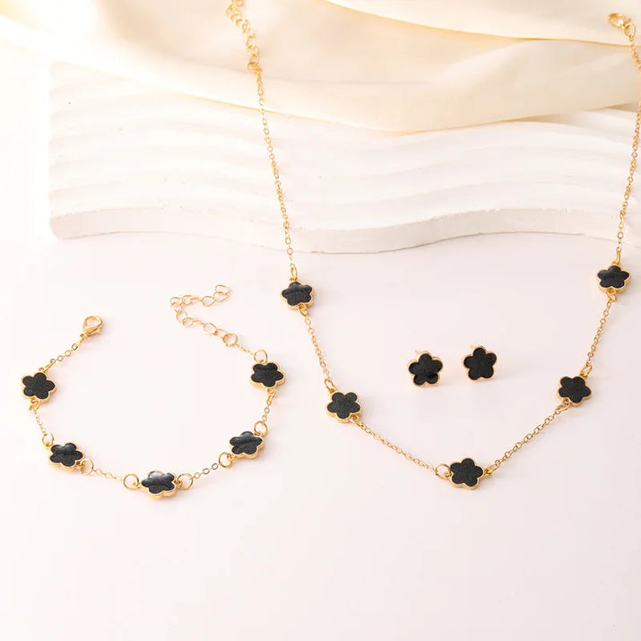 3Pcs/Set Lucky Five-Petal Flower Necklace Bracelet Earrings Set for Women Elegant Clover Fashion Party Jewelry Gifts Accessories