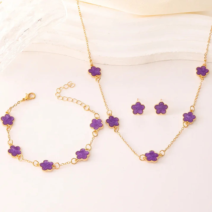 3Pcs/Set Lucky Five-Petal Flower Necklace Bracelet Earrings Set for Women Elegant Clover Fashion Party Jewelry Gifts Accessories