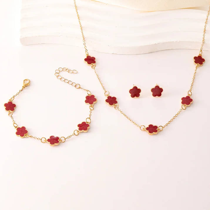 3Pcs/Set Lucky Five-Petal Flower Necklace Bracelet Earrings Set for Women Elegant Clover Fashion Party Jewelry Gifts Accessories