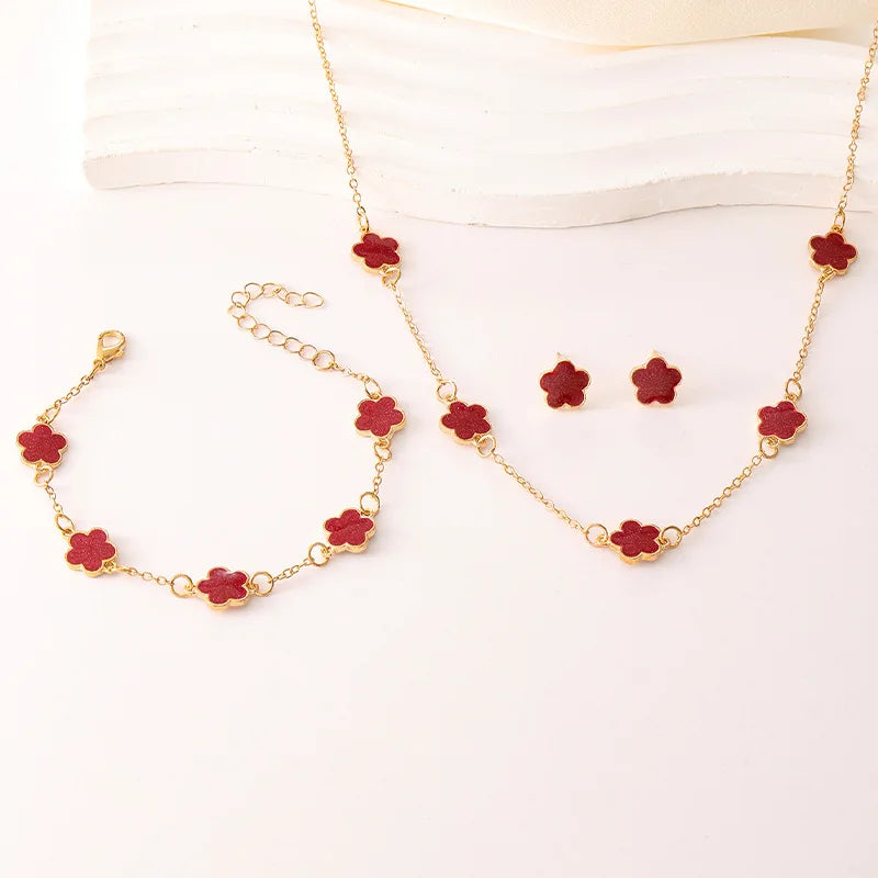 3Pcs/Set Lucky Five-Petal Flower Necklace Bracelet Earrings Set for Women Elegant Clover Fashion Party Jewelry Gifts Accessories