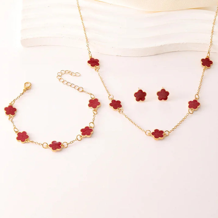 3Pcs/Set Lucky Five-Petal Flower Necklace Bracelet Earrings Set for Women Elegant Clover Fashion Party Jewelry Gifts Accessories
